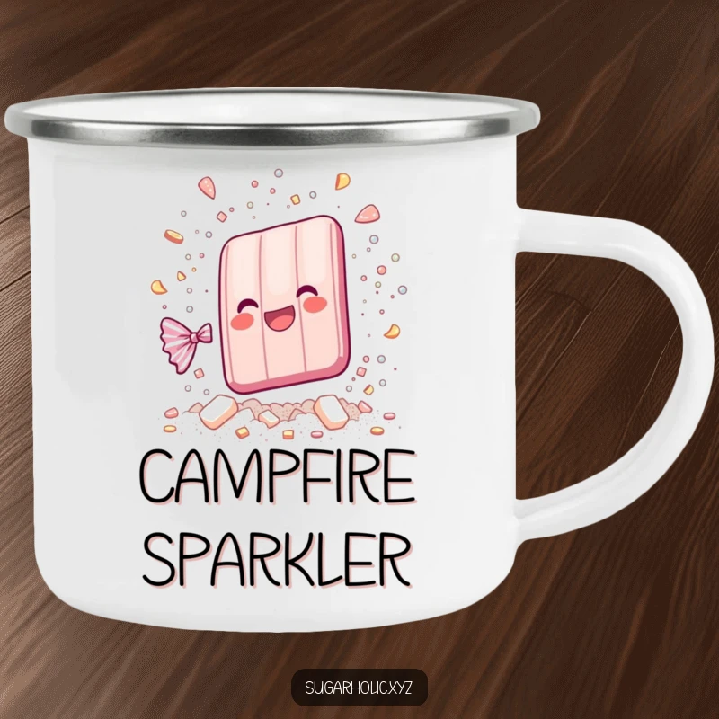 Funny whimsical candy bar shattering into sparkling sugar particles on a camping mug, ideal for humorous outdoor beverage enjoyment.