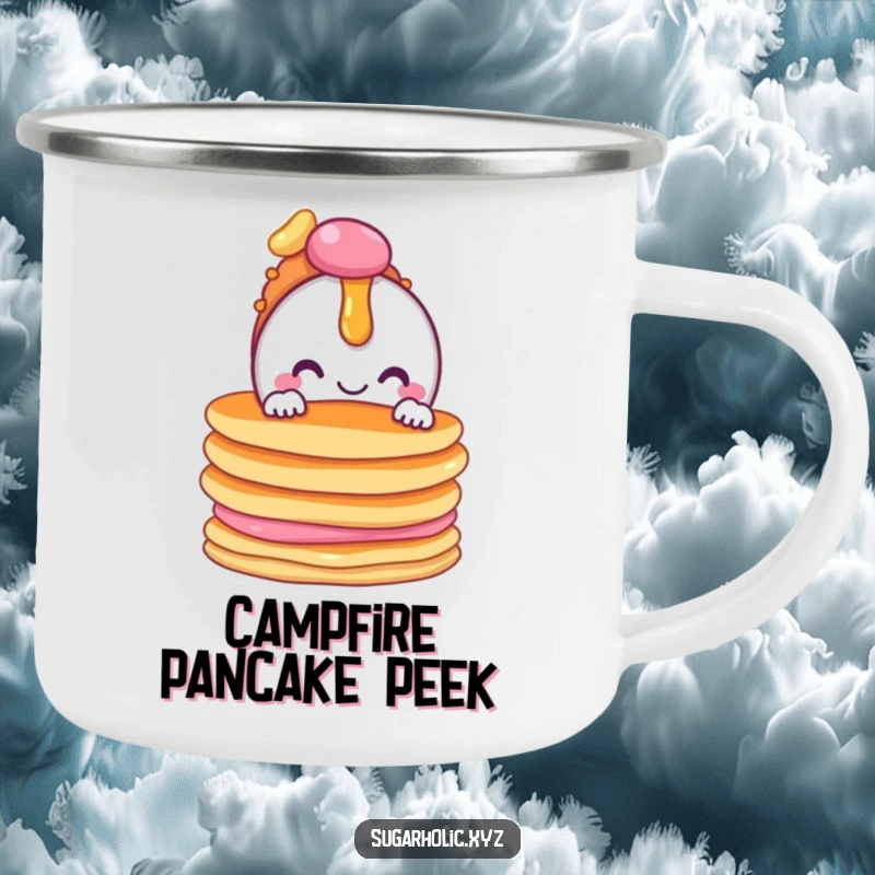 Funny camping mug with a candy character peeking from pancakes, ideal for outdoor breakfast lovers.