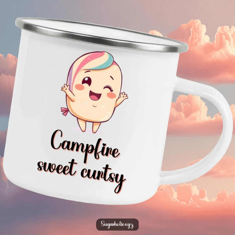 Funny candy camping mug with a smiling candy doing a flamboyant curtsy. Ideal for outdoor adventures and hot beverages.
