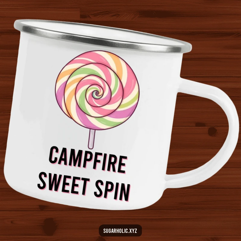 Funny lollipop camping mug with a swirling pattern, spinning with excitement, durable for outdoors, energetic design, funny gift.