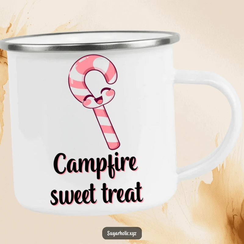 Funny candy cane camping mug with a slight bend, winking playfully, durable for outdoors, festive design, funny gift.