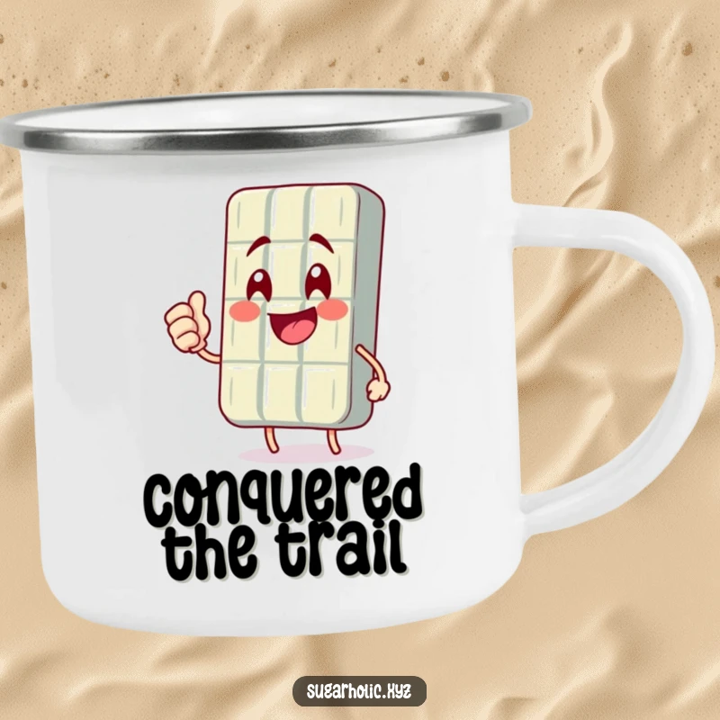 Funny camping mug showing a chocolate bar character giving a strong fist pump, celebrating success in the great outdoors.