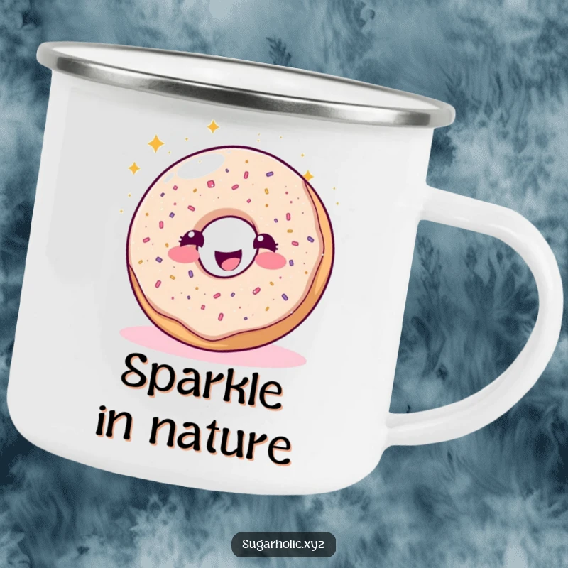 Funny sparkling donut character joyfully sprinkling glitter on a durable camping mug, ready for sweet outdoor fun.