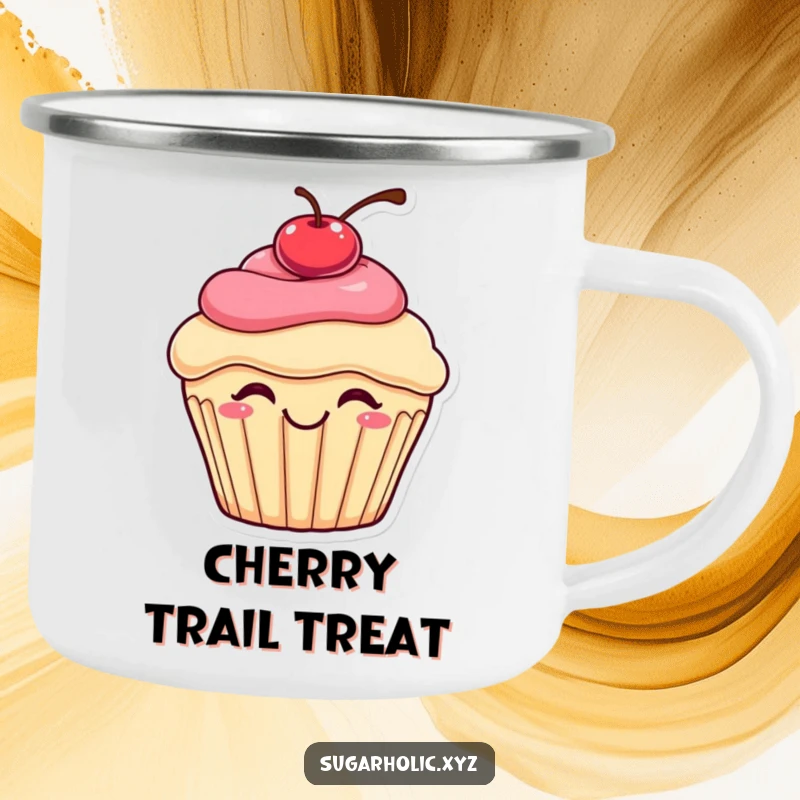 Funny bouncing cupcake camping mug with a cherry on top, joyfully bouncing with delight, durable and fun for outdoor adventures.