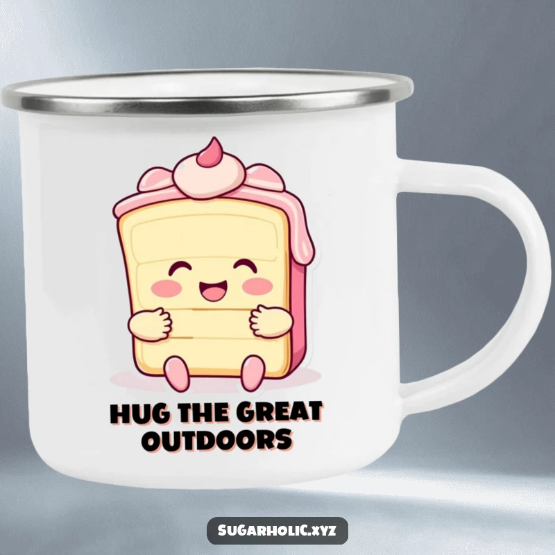 Funny camping mug featuring a smiling cake slice with frosting giving a big hug, great for sweet outdoor drinks.