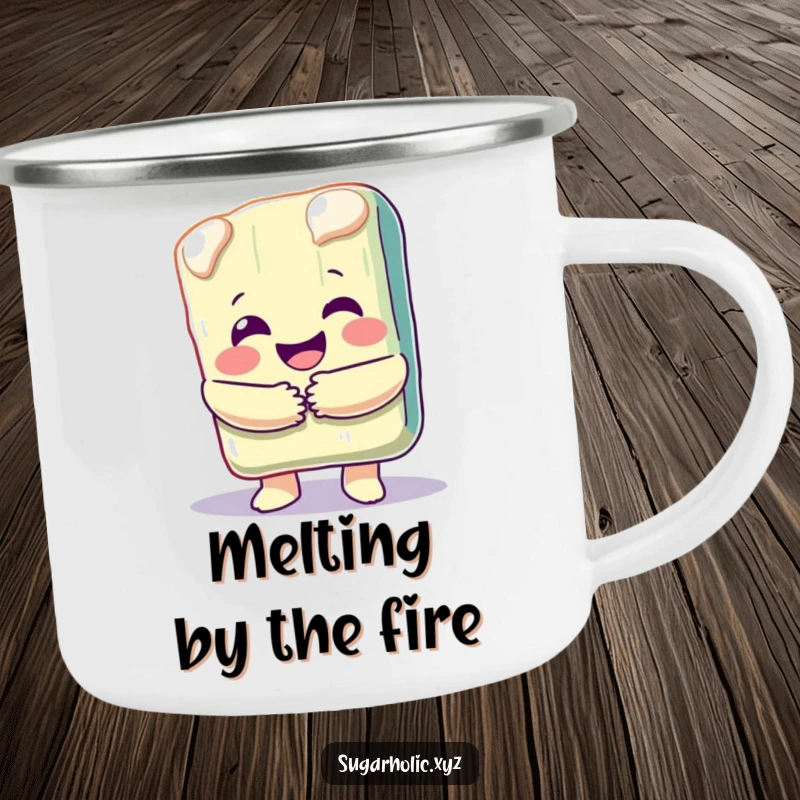 Funny camping mug featuring a happy, melting candy bar character giving a hug, perfect for sweet outdoor enjoyment.