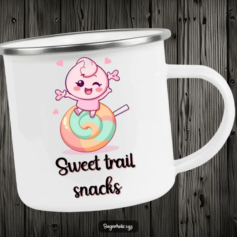 Funny Camping Mug: Cheerful candy character bounces on a giant lollipop, perfect for enjoying treats during outdoor fun.