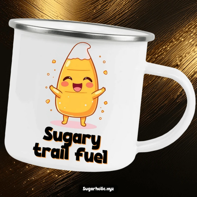 Funny candy corn character laughing while dusted with sugar, designed for a durable and humorous camping mug.
