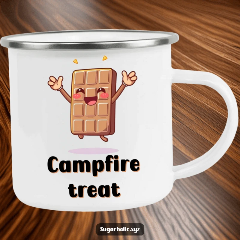 Funny chocolate bar character doing a celebratory jump, depicted on a rugged enamel camping mug for humorous outdoor enjoyment.