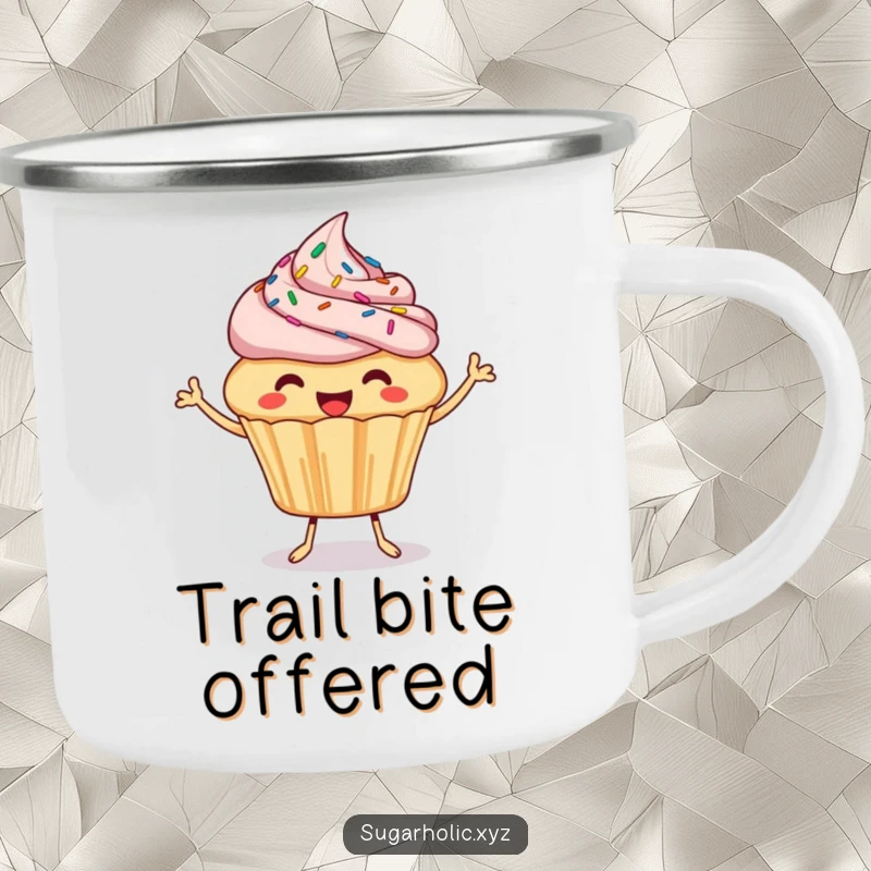 Funny Cupcake Camping Mug: A happy, sprinkled cupcake bounces and offers a bite, perfect for outdoor enjoyment with a sweet vibe.