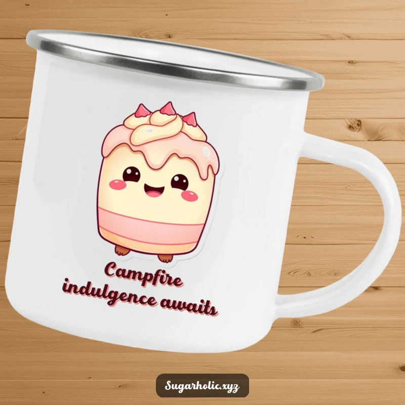 Funny Camping Mug: Durable mug with a plump cake character and frosting drips, for dessert lovers.