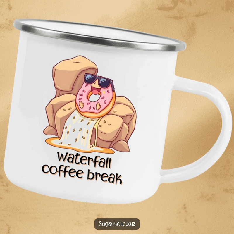 Funny donut wearing sunglasses sliding down a caramel waterfall on a camping mug, ideal for humorous outdoor beverage enjoyment.