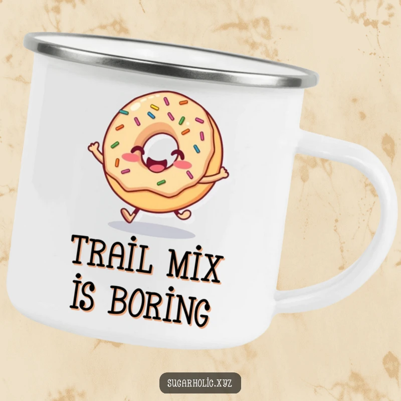 Funny donut camping mug featuring a smiling face and sprinkles mid-hop, perfect for outdoor enthusiasts with a sweet tooth.
