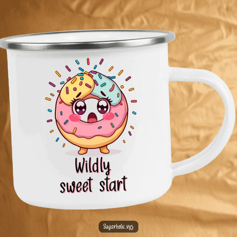 Funny Camping Mug with a surprised donut character and a vibrant sprinkle explosion, perfect for enjoying drinks in the wild.