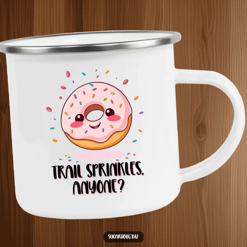 Funny giddy doughnut camping mug, with sprinkles flying outwards, perfect for humorous outdoor beverages and gifts.