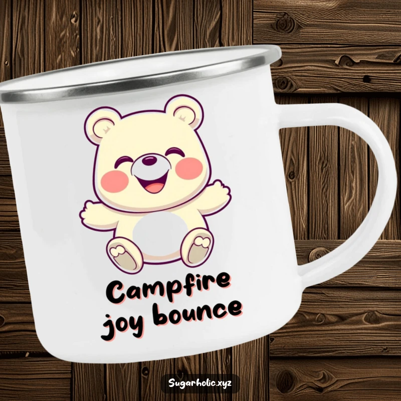Funny Camping Mug: A grinning gummy bear in an energetic bounce, perfect for cheerful sips during outdoor adventures.