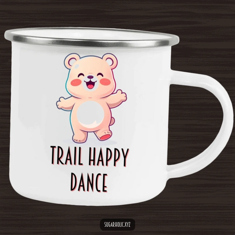 Funny Camping Mug showcasing a gummy bear character doing a happy dance, ready for groovy sips during outdoor escapades.
