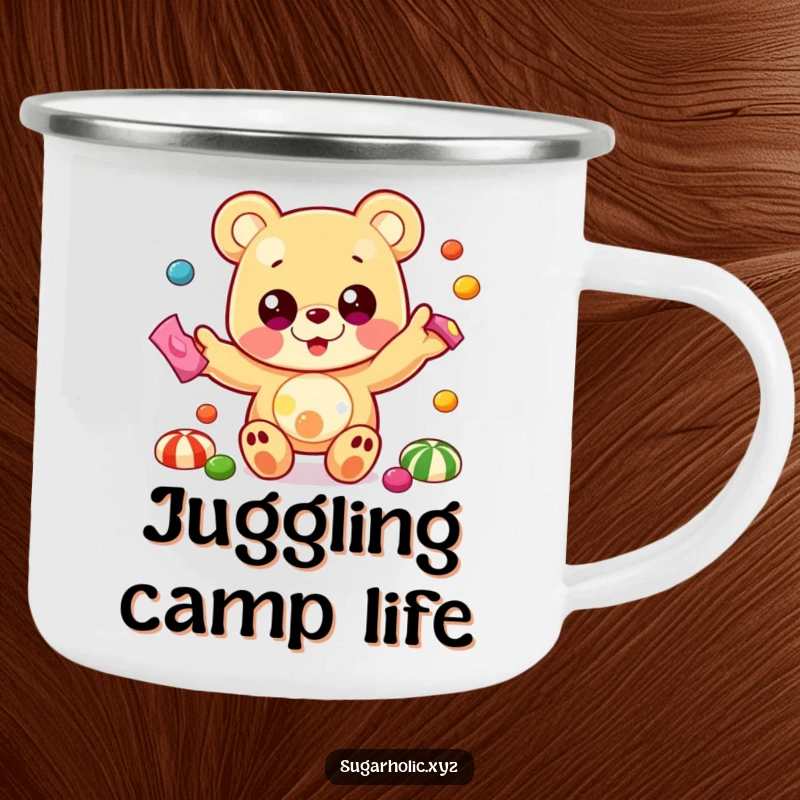 Funny camping mug featuring a beaming gummy bear with oversized eyes, juggling colorful candies, perfect for outdoor enjoyment.