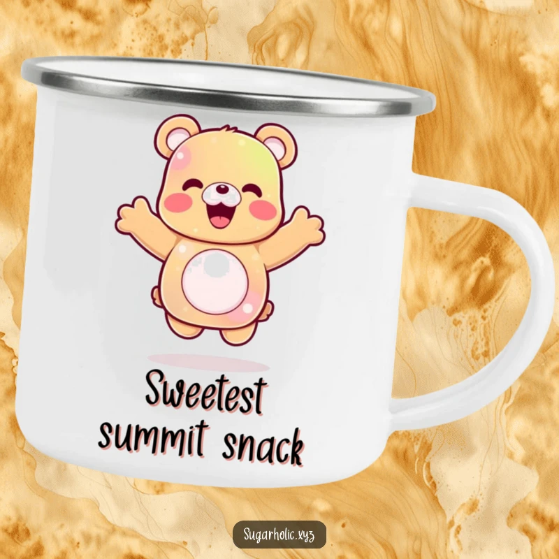 Funny gummy bear camping mug featuring a delighted character mid-celebratory jump, perfect for outdoor enthusiasts.