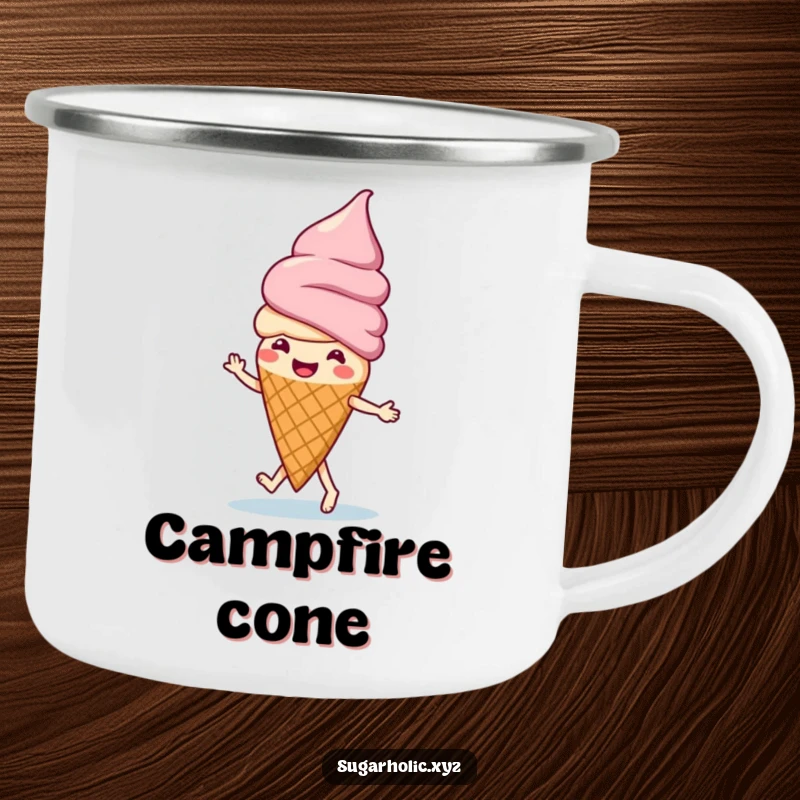 Funny ice cream cone dancing on a camping mug, depicted on a rugged enamel cup for humorous outdoor enjoyment.