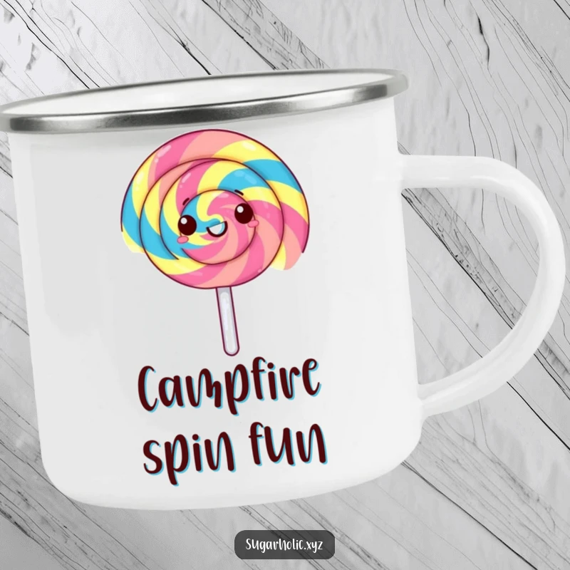 Funny lollipop camping mug with a gleeful lollipop spinning rapidly with rainbow stripes. Ideal for outdoor adventures and hot beverages.