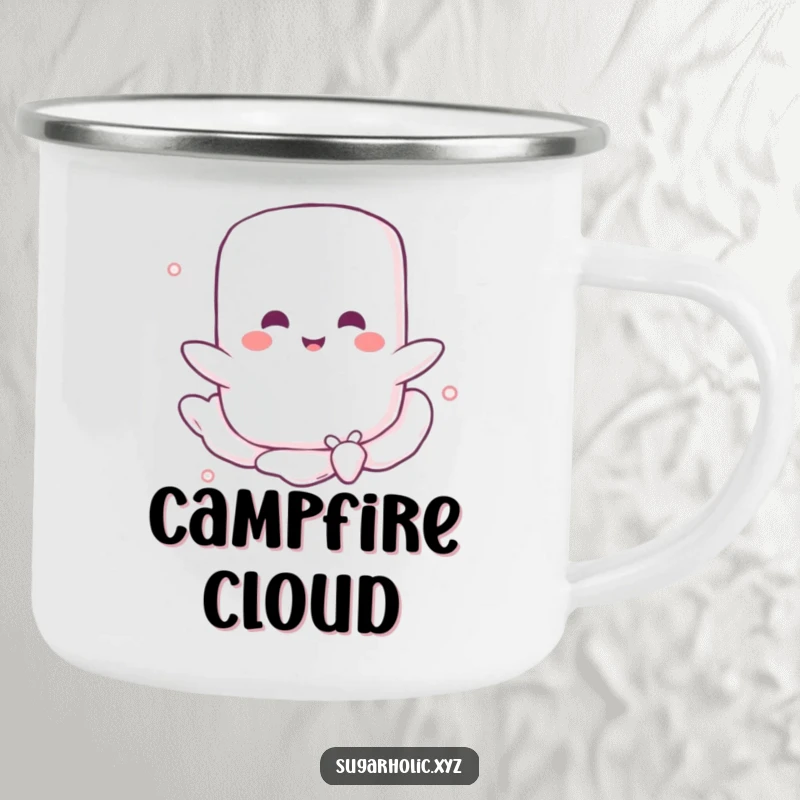 Funny camping mug with a joyful marshmallow character floating on a sugary breeze, perfect for enjoying hot drinks during outdoor escapades.