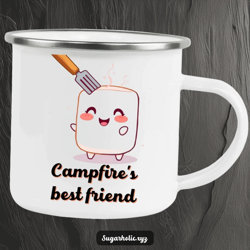 Funny camping mug featuring a cheerful, blushing marshmallow being toasted, ideal for cozy outdoor sips.