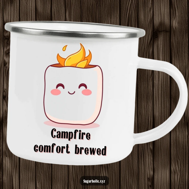 Funny Camping Mug: A cheerful marshmallow with a rosy blush being toasted, perfect for cozy sips during outdoor adventures.