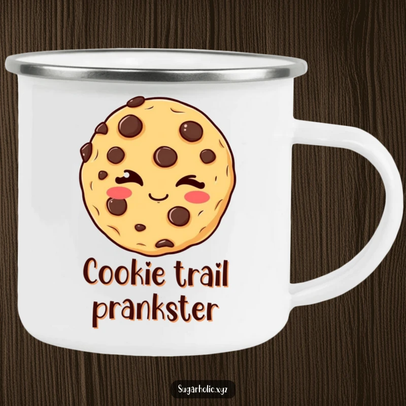 Funny winking cookie camping mug with chocolate chips, giving a mischievous wink, durable and fun for outdoor enthusiasts.