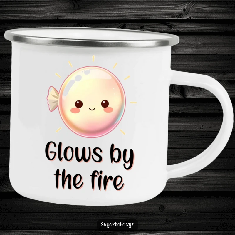 Funny camping mug featuring a beaming, shimmering hard candy, ideal for enjoying beverages outdoors.