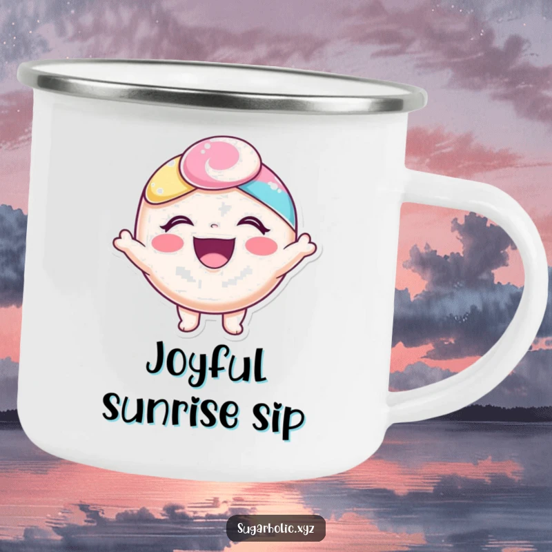 Funny camping mug featuring a happy candy character bursting with joy, perfect for outdoor adventurers.