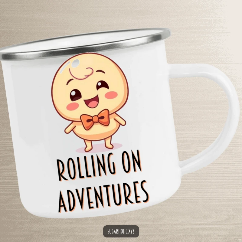 Funny giggling caramel candy with a bow tie, ready for adventure, depicted on a durable camping mug.