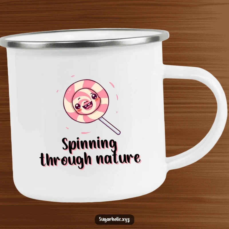 Funny camping mug with a gleeful lollipop character spinning in a sugary whirlwind, designed for fun outdoor enjoyment.