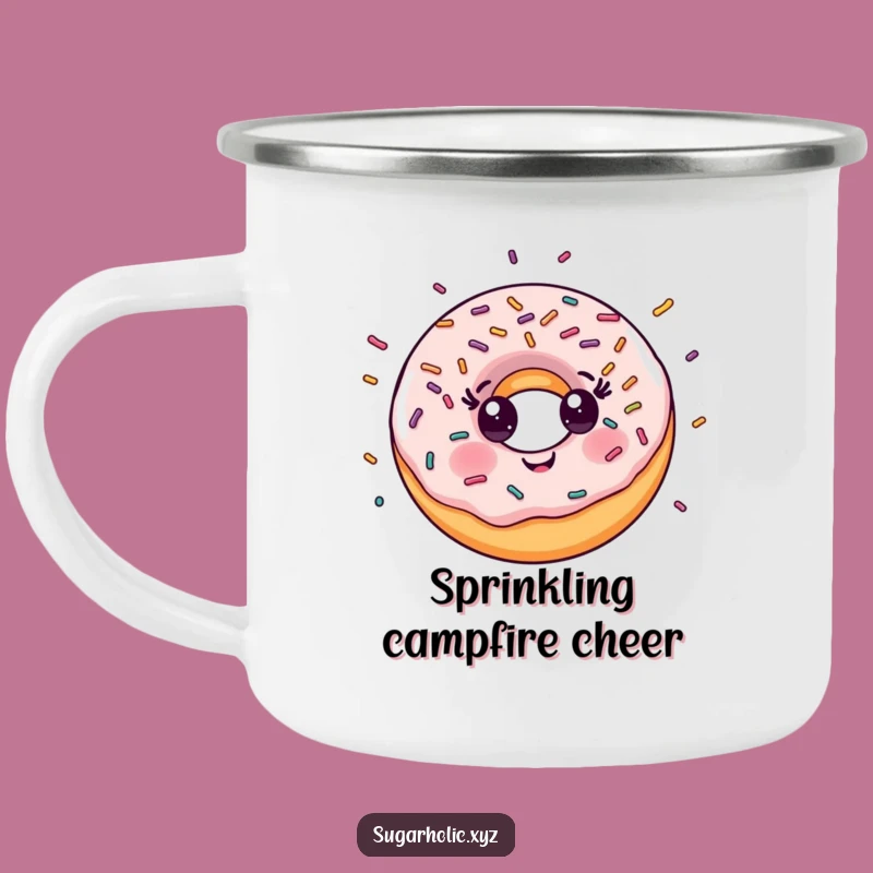 Funny Donut Sprinkle Camping Mug: Sweet Campfire Fun, Smiling Character, Ideal Funny Gift