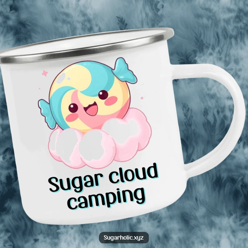 Funny delighted candy camping mug, floating on a sugar cloud, perfect for humorous outdoor beverages and gifts.