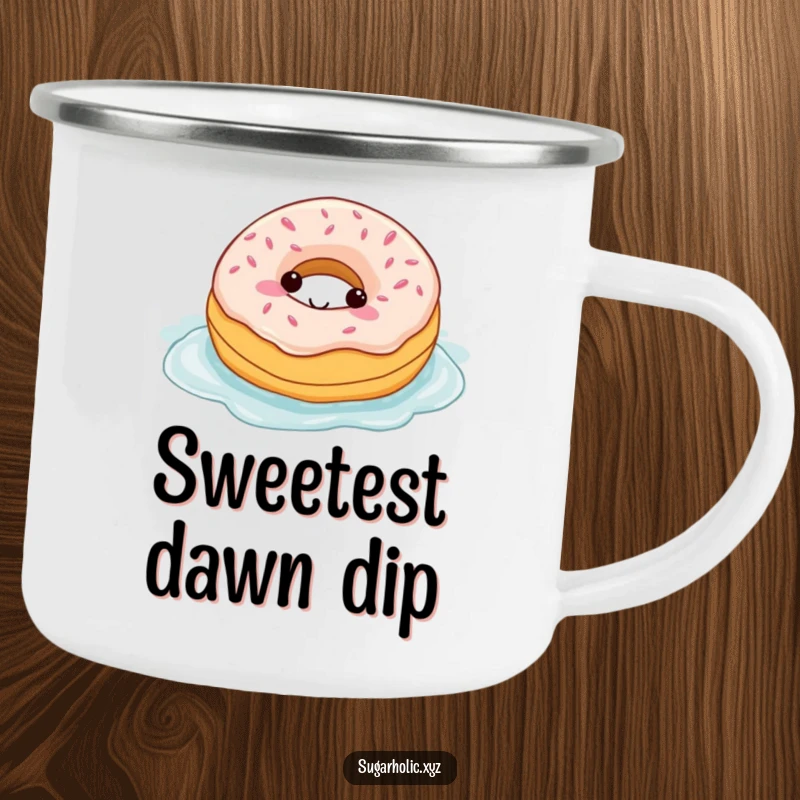 Funny camping mug with a joyful donut character swimming in frosting, ideal for outdoor enthusiasts.
