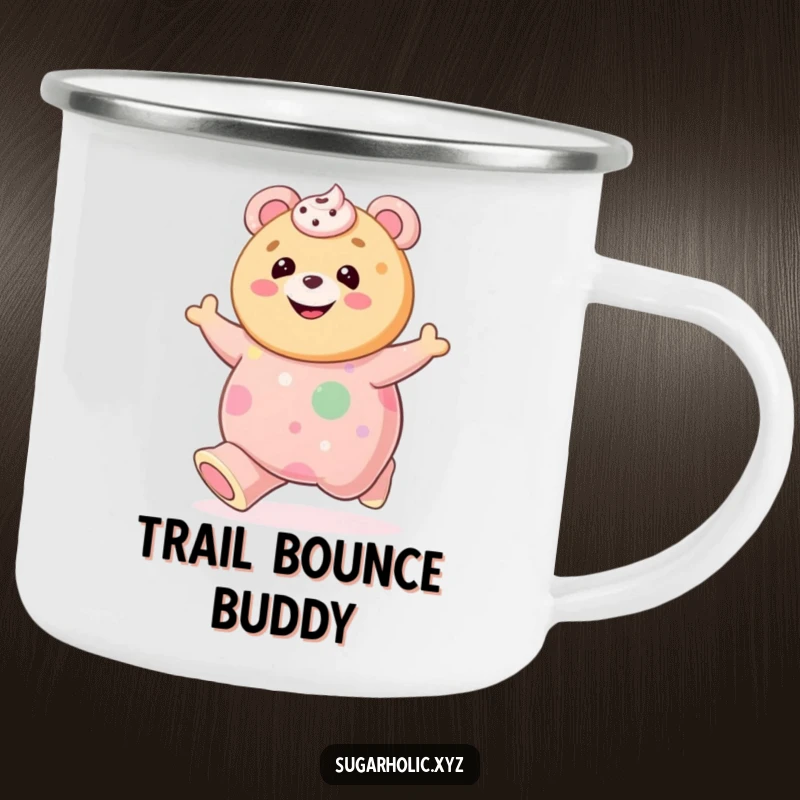 Funny cookie with frosting smile bouncing on a giant gummy bear on a camping mug, ideal for humorous outdoor beverage enjoyment.