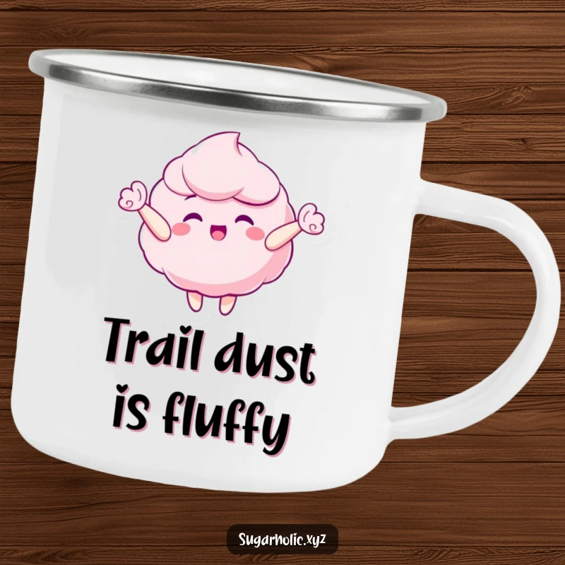 Funny camping mug featuring a gleeful candy floss character floating happily upwards, great for sweet outdoor drinks.