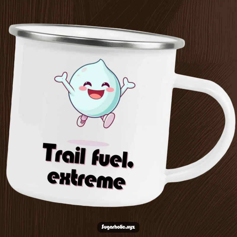 Funny Camping Mug with a grinning candy character leaping with sugary excitement, perfect for enjoying drinks on the go.