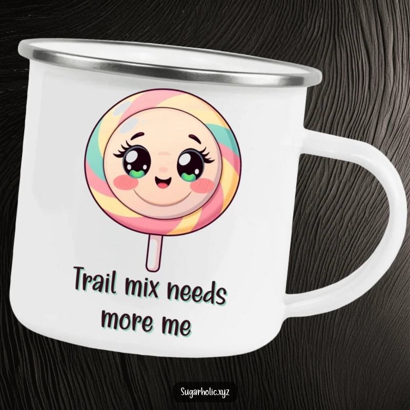 Funny camping mug featuring a round lollipop character, wide-eyed with an infectious sugary energy.