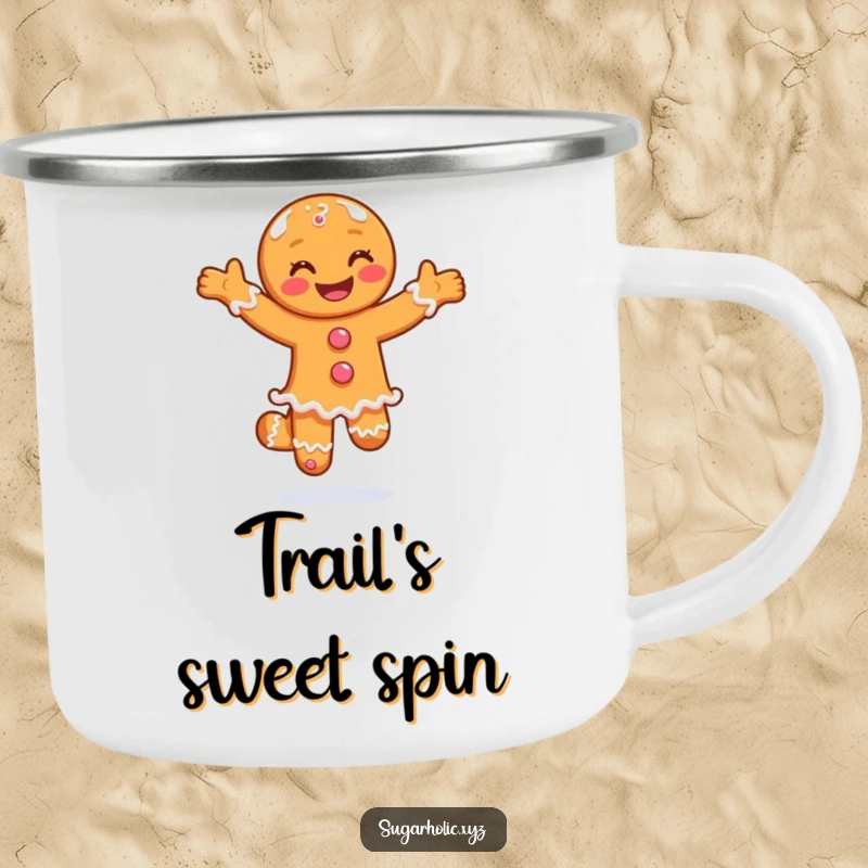 Funny camping mug with a smiling gingerbread man doing a joyful pirouette in sugar, festive outdoor gear.