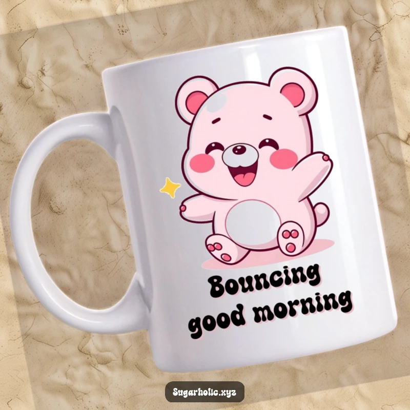 Funny mug depicting a grinning gummy bear mid-bounce, radiating energy and playful happiness, perfect for a fun-loving individual.