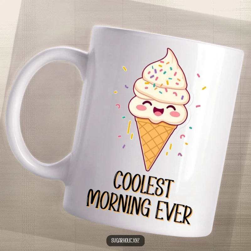 Funny joyous ice cream cone mug, with sprinkles raining down, perfect for humorous cold drink enjoyment and as a gift.