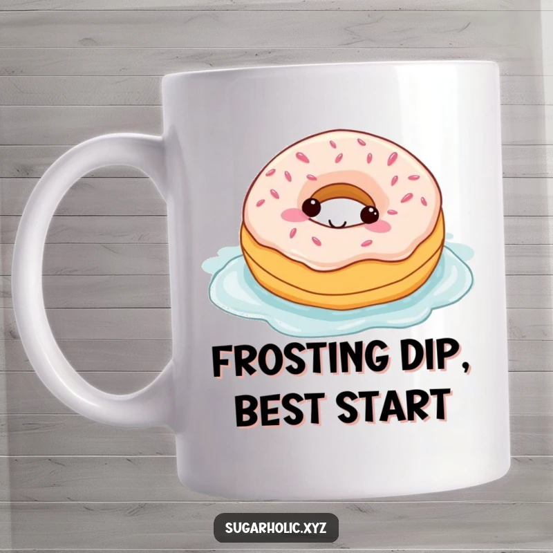 Funny mug featuring a joyful donut character joyfully swimming in a delectable pool of creamy frosting, radiating happiness.