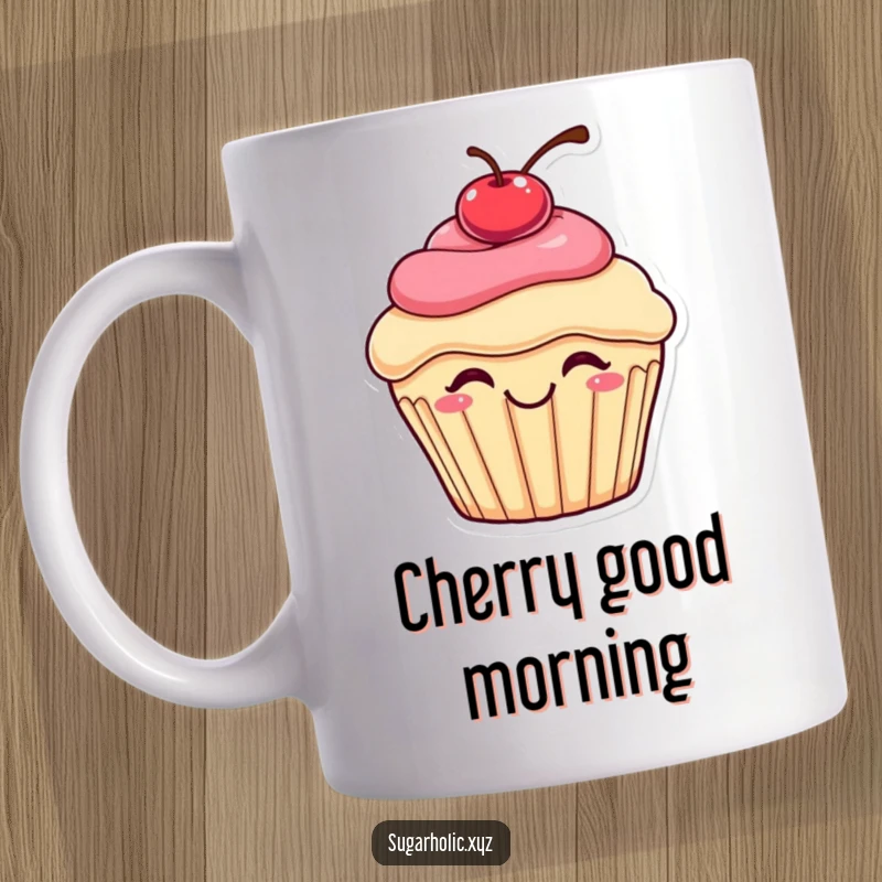 Funny bouncing cupcake mug with a cherry on top expressing pure delight and happiness through its joyful, energetic bounce, a sweet treat.