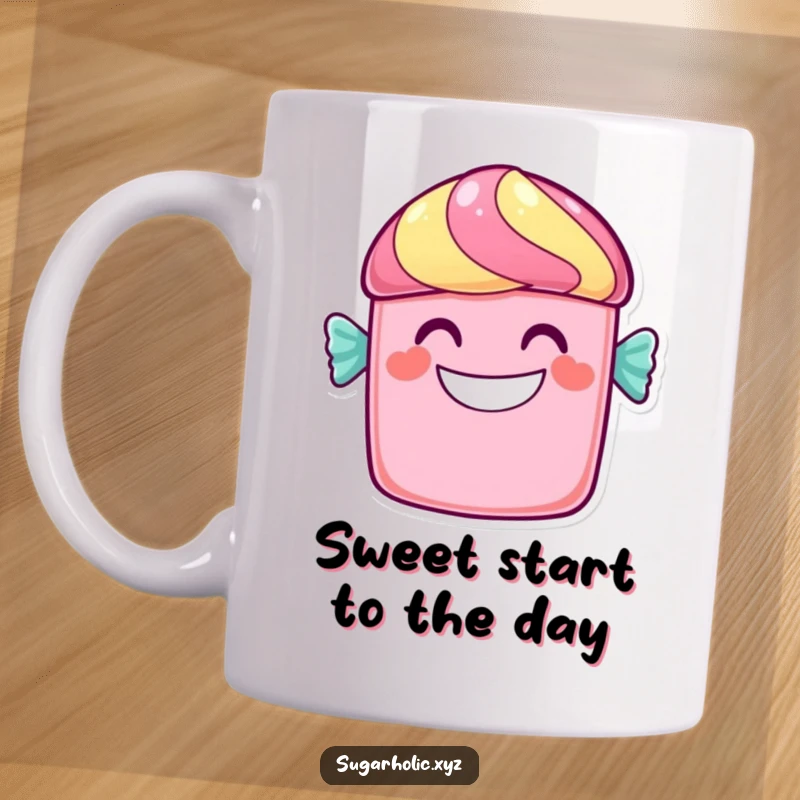 Funny candy bar mug with a cheerful character and a wide, sweet grin, radiating pure happiness and sweetness.