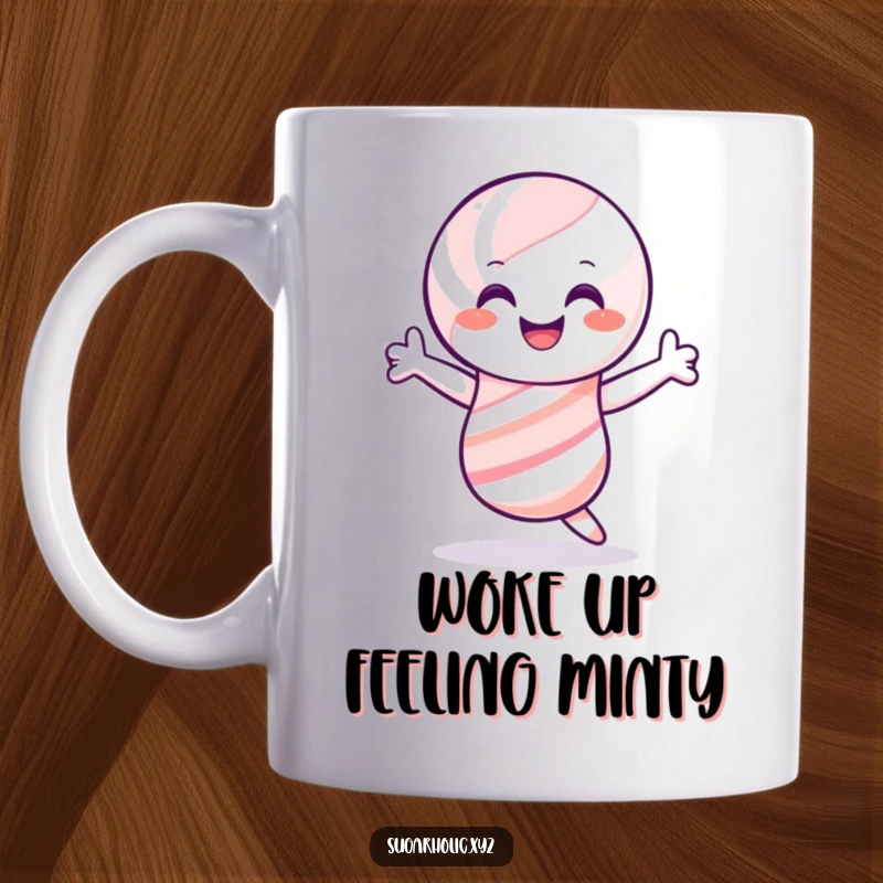 Funny smiling candy cane mug, doing a joyful shimmy, perfect for hilarious holiday celebrations and as a gift.