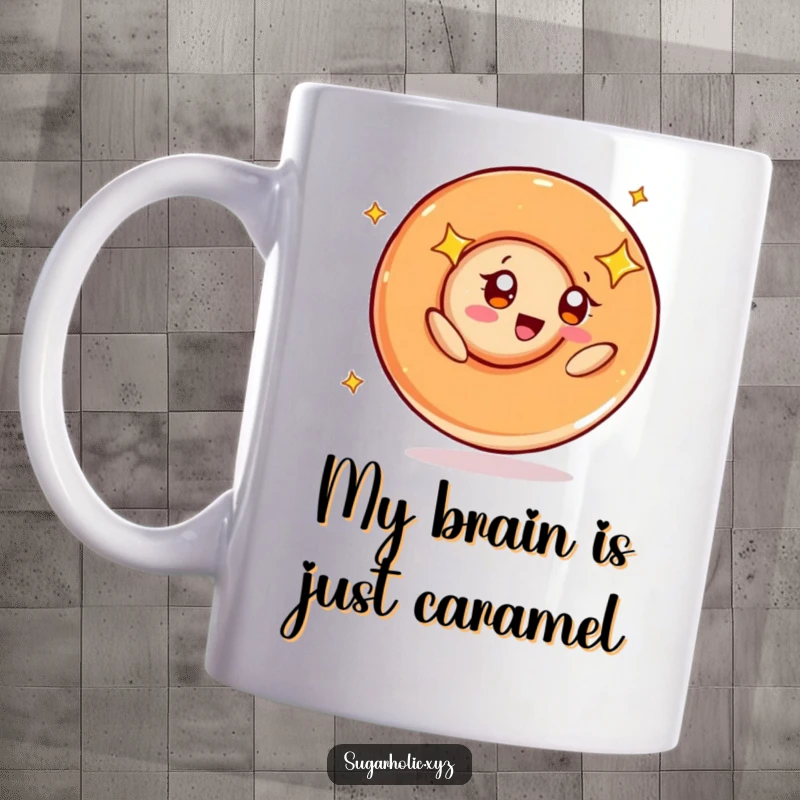 Funny mug featuring a happy caramel swirl character with wide, starry eyes spinning joyfully, embodying pure delight and sweet excitement.