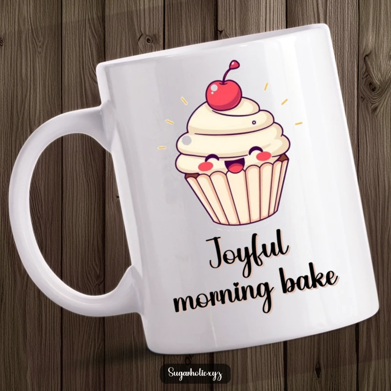 Funny cupcake mug with a beaming cupcake character wearing a cherry on top, radiating happiness and joy. Sweet and cheerful design.