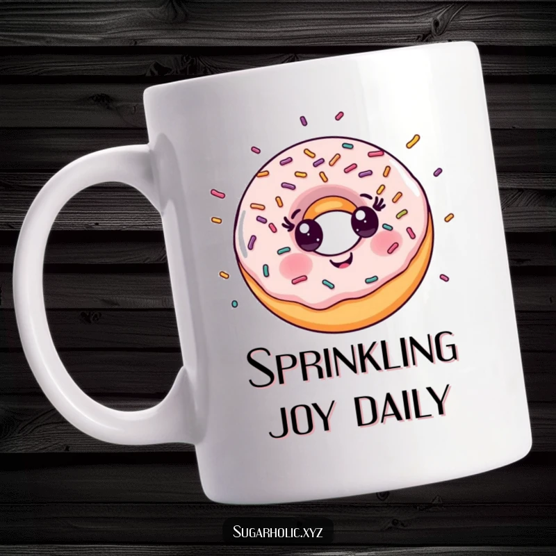 Funny Mug: Smiling donut character joyfully explodes with colorful sprinkles.